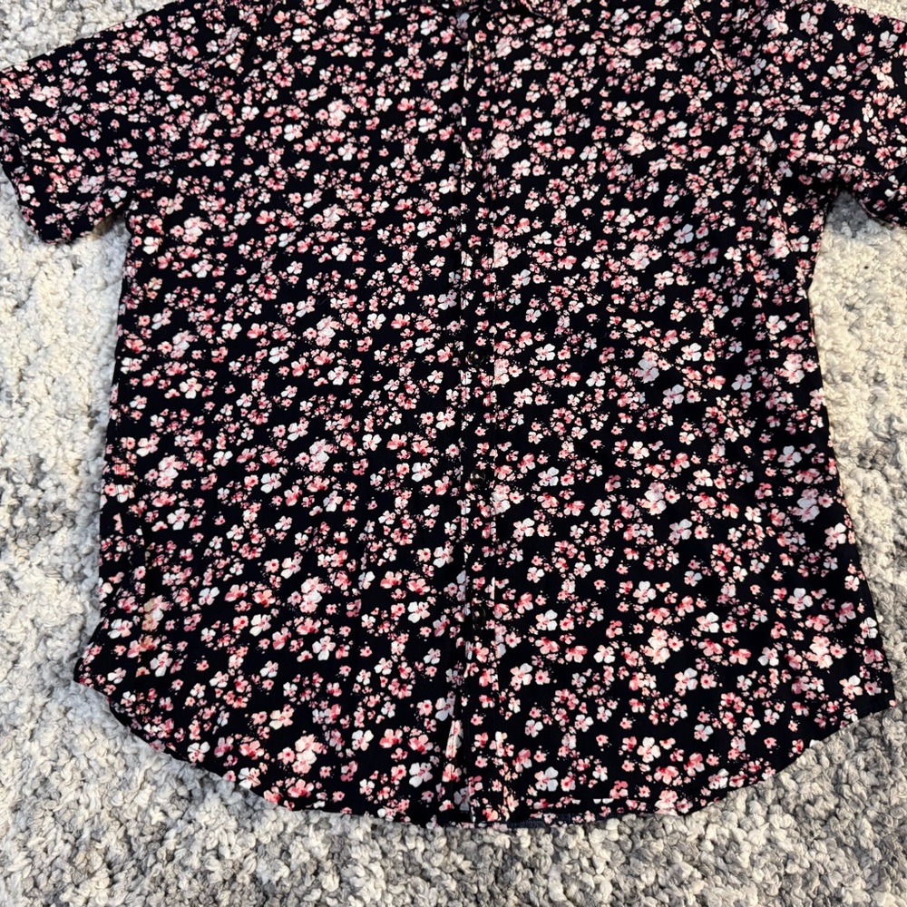 Men's Short-Sleeve Floral Button-Down Shirt - Black with Pink Blossoms - Picture 2 of 5
